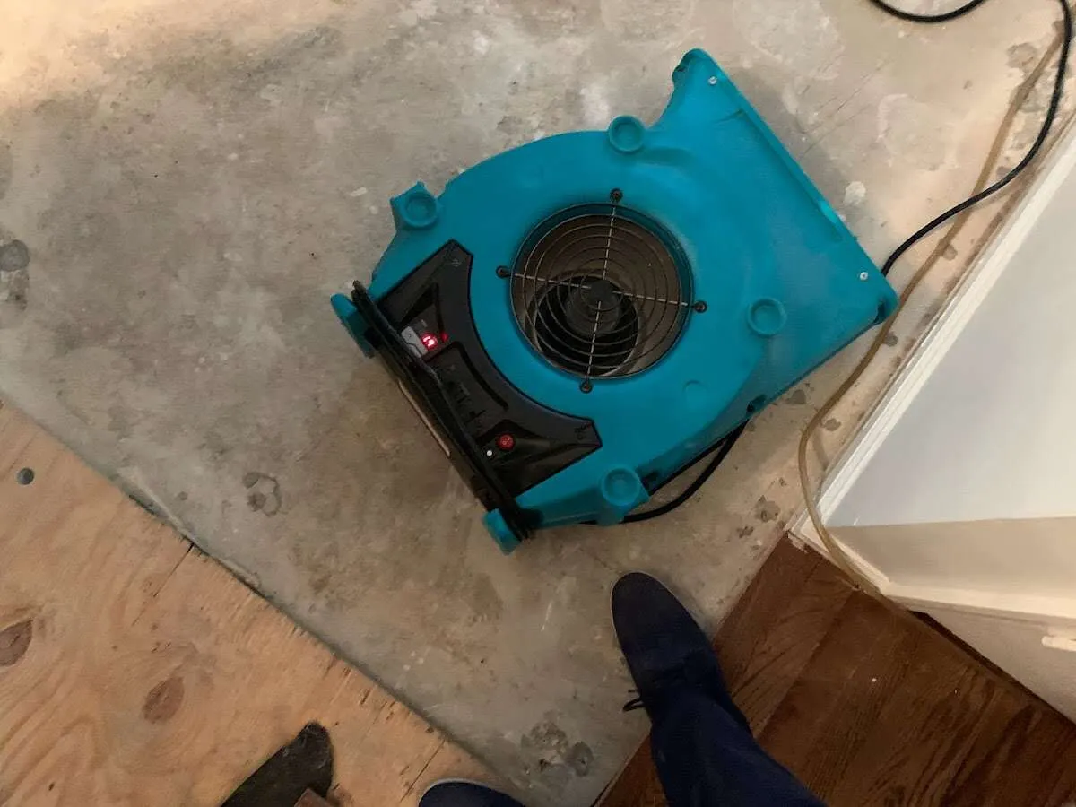 Air mover drying subfloor during Commercial Water Damage Restoration in Forest Grove